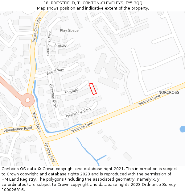 18, PRIESTFIELD, THORNTON-CLEVELEYS, FY5 3QQ: Location map and indicative extent of plot