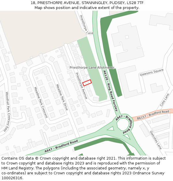 18, PRIESTHORPE AVENUE, STANNINGLEY, PUDSEY, LS28 7TF: Location map and indicative extent of plot