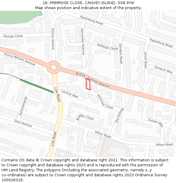 18, PRIMROSE CLOSE, CANVEY ISLAND, SS8 9YW: Location map and indicative extent of plot