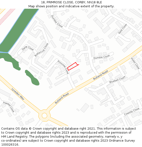 18, PRIMROSE CLOSE, CORBY, NN18 8LE: Location map and indicative extent of plot