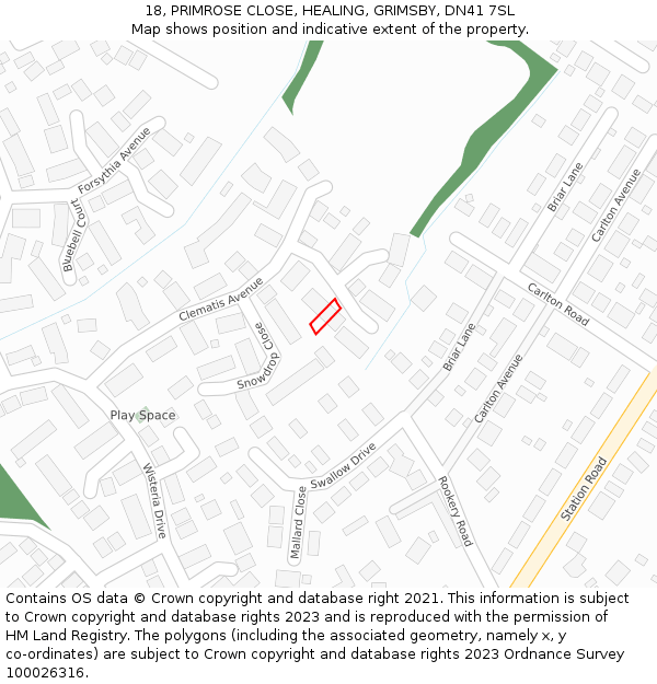 18, PRIMROSE CLOSE, HEALING, GRIMSBY, DN41 7SL: Location map and indicative extent of plot