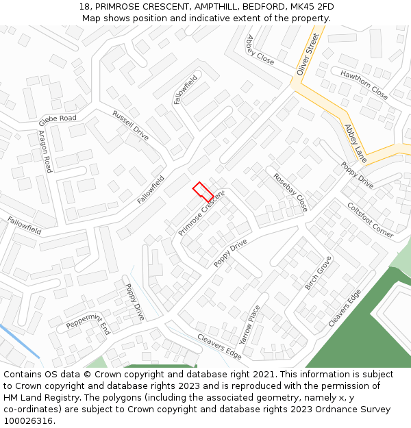 18, PRIMROSE CRESCENT, AMPTHILL, BEDFORD, MK45 2FD: Location map and indicative extent of plot