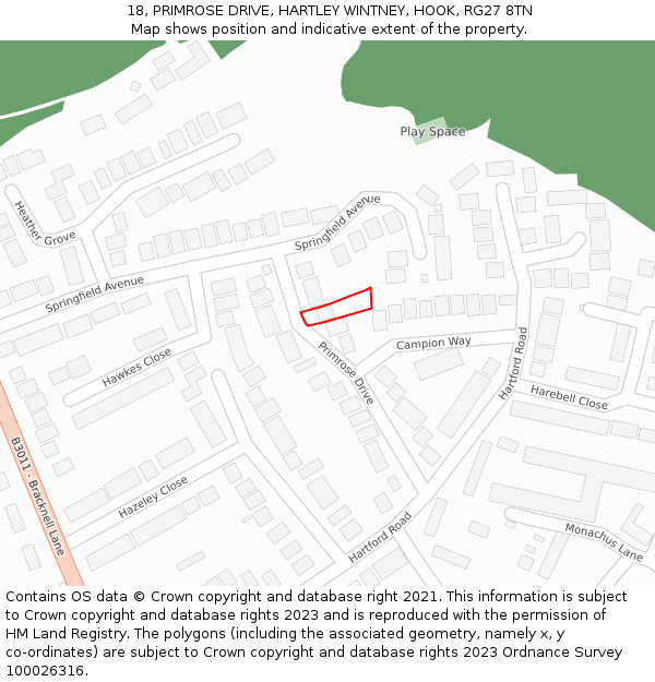 18, PRIMROSE DRIVE, HARTLEY WINTNEY, HOOK, RG27 8TN: Location map and indicative extent of plot