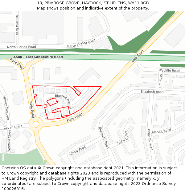 18, PRIMROSE GROVE, HAYDOCK, ST HELENS, WA11 0GD: Location map and indicative extent of plot