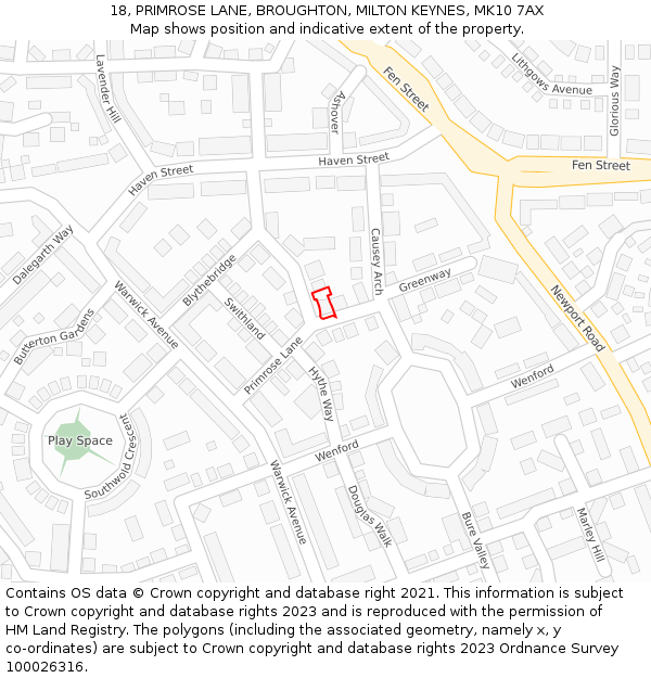 18, PRIMROSE LANE, BROUGHTON, MILTON KEYNES, MK10 7AX: Location map and indicative extent of plot