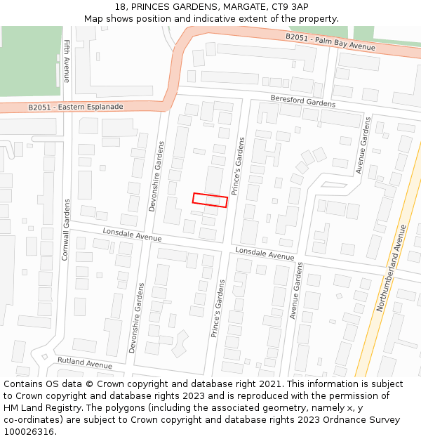 18, PRINCES GARDENS, MARGATE, CT9 3AP: Location map and indicative extent of plot