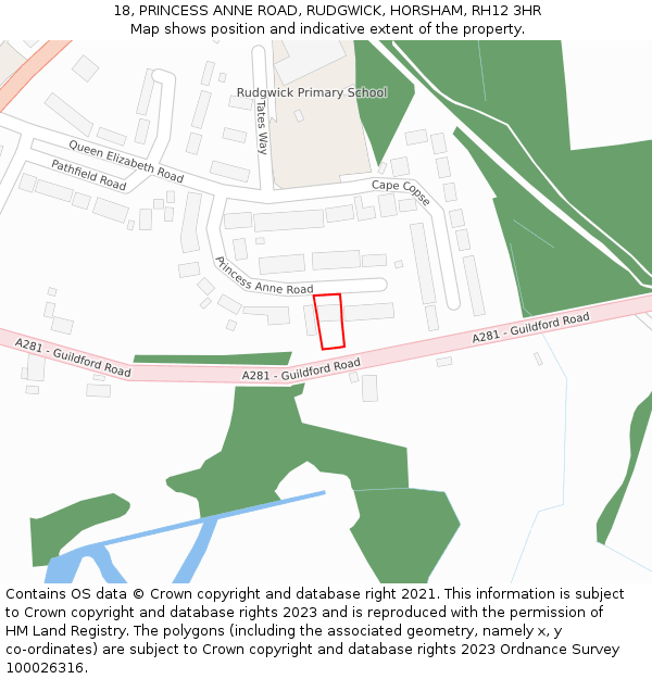 18, PRINCESS ANNE ROAD, RUDGWICK, HORSHAM, RH12 3HR: Location map and indicative extent of plot