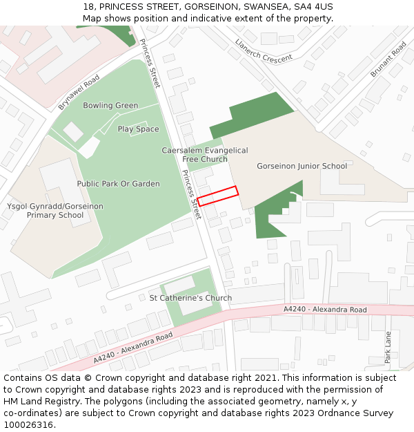 18, PRINCESS STREET, GORSEINON, SWANSEA, SA4 4US: Location map and indicative extent of plot