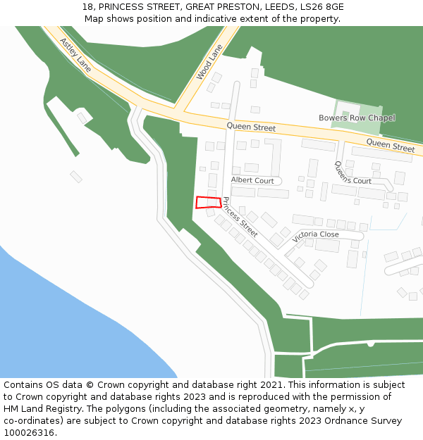 18, PRINCESS STREET, GREAT PRESTON, LEEDS, LS26 8GE: Location map and indicative extent of plot