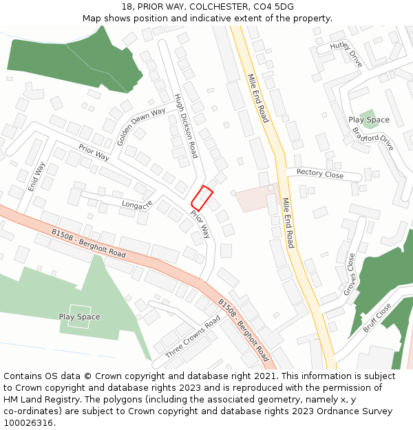 18, PRIOR WAY, COLCHESTER, CO4 5DG: Location map and indicative extent of plot