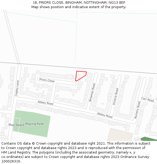 18, PRIORS CLOSE, BINGHAM, NOTTINGHAM, NG13 8EP: Location map and indicative extent of plot