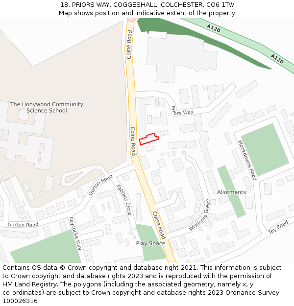 18, PRIORS WAY, COGGESHALL, COLCHESTER, CO6 1TW: Location map and indicative extent of plot