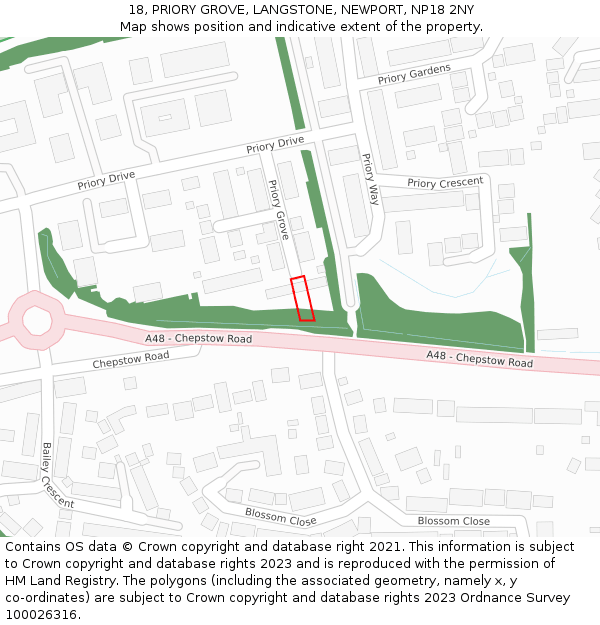 18, PRIORY GROVE, LANGSTONE, NEWPORT, NP18 2NY: Location map and indicative extent of plot