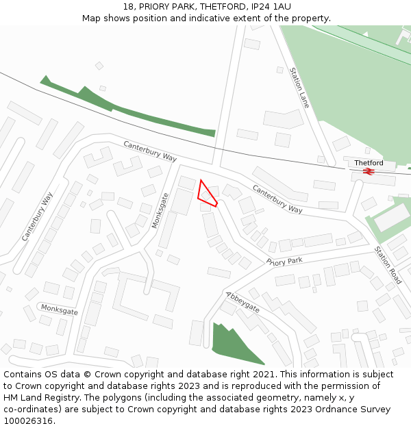 18, PRIORY PARK, THETFORD, IP24 1AU: Location map and indicative extent of plot