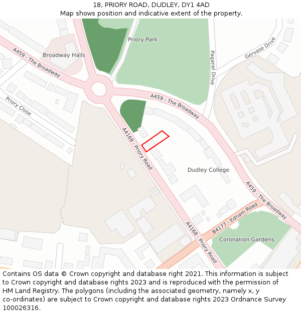 18, PRIORY ROAD, DUDLEY, DY1 4AD: Location map and indicative extent of plot