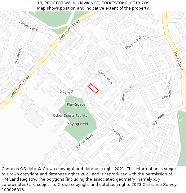 18, PROCTOR WALK, HAWKINGE, FOLKESTONE, CT18 7QS: Location map and indicative extent of plot