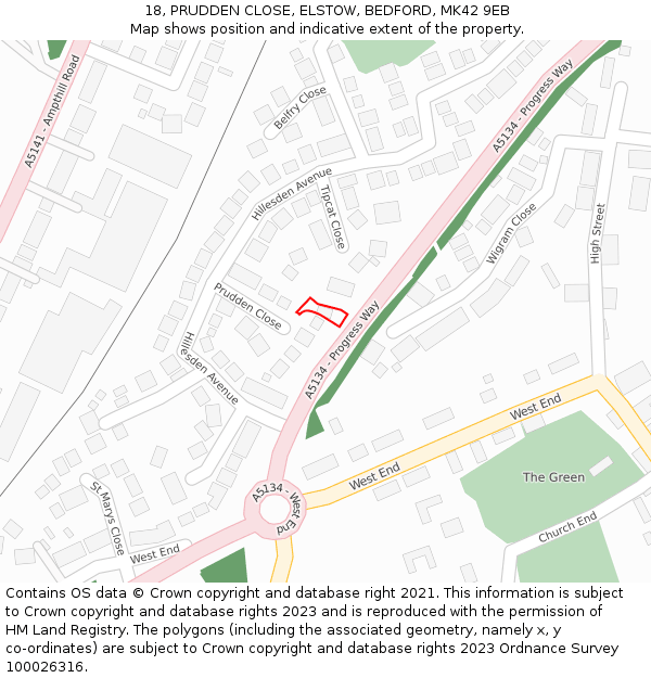 18, PRUDDEN CLOSE, ELSTOW, BEDFORD, MK42 9EB: Location map and indicative extent of plot