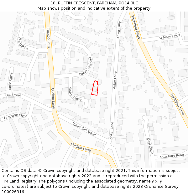 18, PUFFIN CRESCENT, FAREHAM, PO14 3LG: Location map and indicative extent of plot