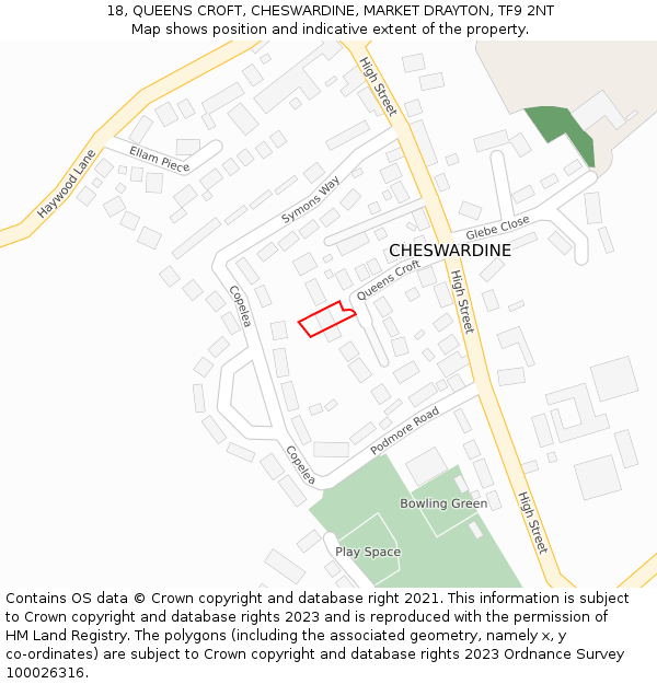 18, QUEENS CROFT, CHESWARDINE, MARKET DRAYTON, TF9 2NT: Location map and indicative extent of plot