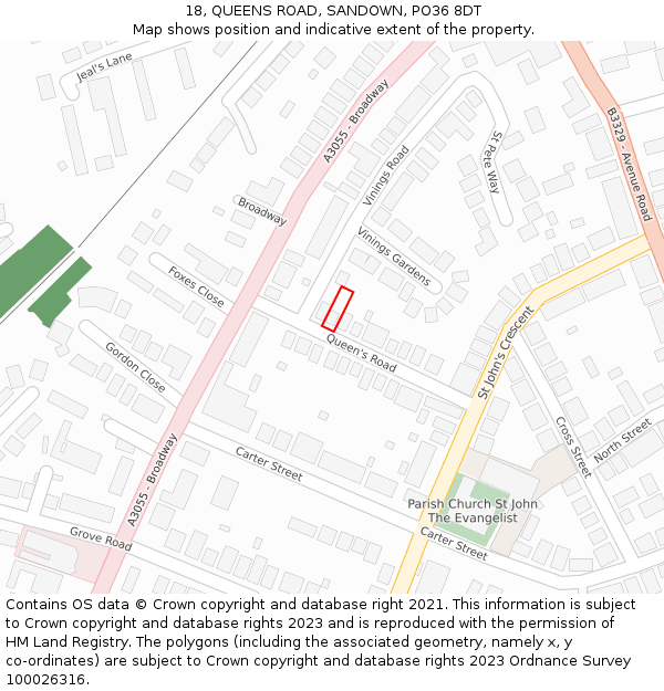 18, QUEENS ROAD, SANDOWN, PO36 8DT: Location map and indicative extent of plot