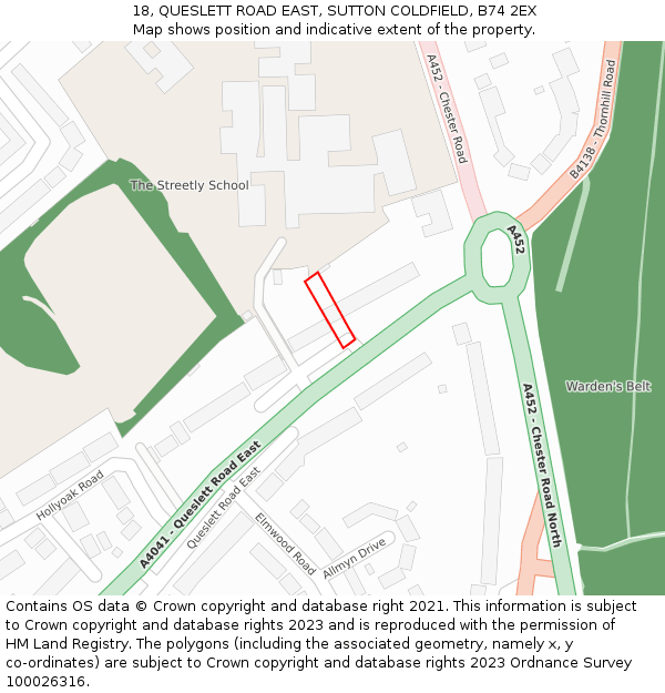 18, QUESLETT ROAD EAST, SUTTON COLDFIELD, B74 2EX: Location map and indicative extent of plot