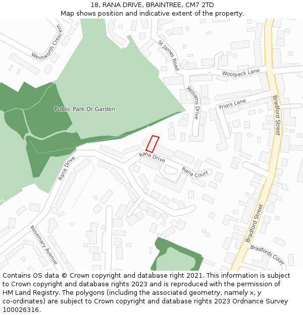 18, RANA DRIVE, BRAINTREE, CM7 2TD: Location map and indicative extent of plot