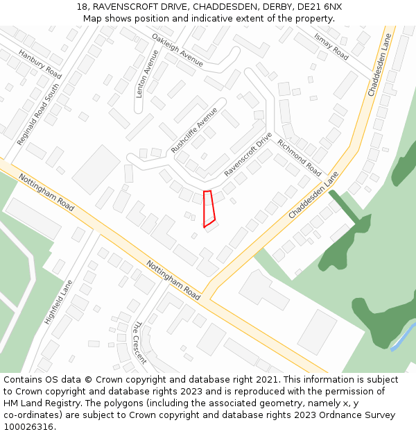 18, RAVENSCROFT DRIVE, CHADDESDEN, DERBY, DE21 6NX: Location map and indicative extent of plot