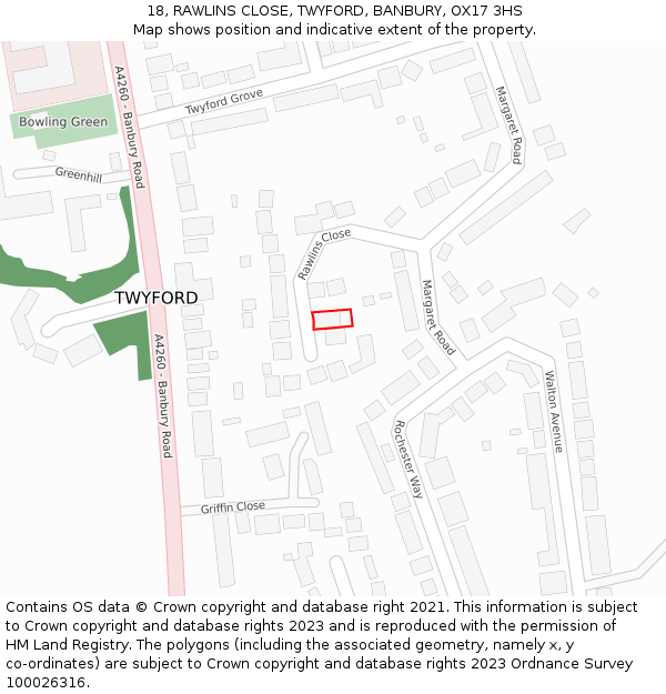 18, RAWLINS CLOSE, TWYFORD, BANBURY, OX17 3HS: Location map and indicative extent of plot