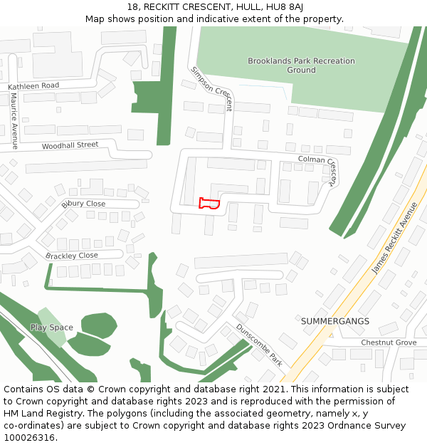 18, RECKITT CRESCENT, HULL, HU8 8AJ: Location map and indicative extent of plot