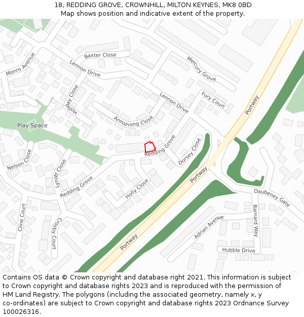 18, REDDING GROVE, CROWNHILL, MILTON KEYNES, MK8 0BD: Location map and indicative extent of plot