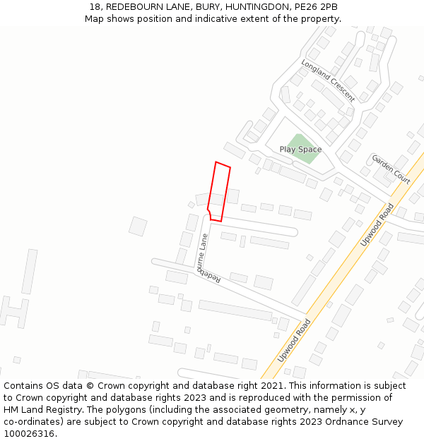 18, REDEBOURN LANE, BURY, HUNTINGDON, PE26 2PB: Location map and indicative extent of plot