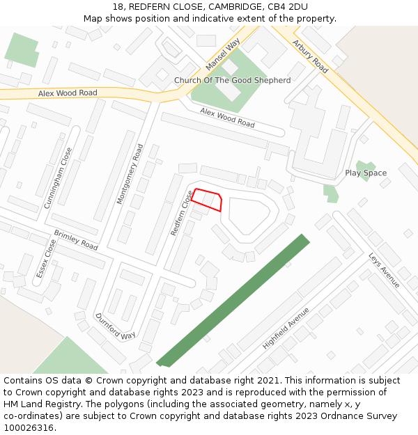 18, REDFERN CLOSE, CAMBRIDGE, CB4 2DU: Location map and indicative extent of plot