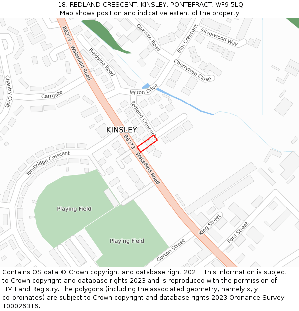 18, REDLAND CRESCENT, KINSLEY, PONTEFRACT, WF9 5LQ: Location map and indicative extent of plot