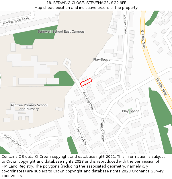 18, REDWING CLOSE, STEVENAGE, SG2 9FE: Location map and indicative extent of plot