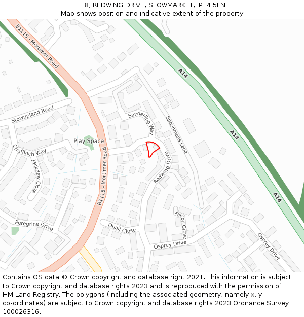 18, REDWING DRIVE, STOWMARKET, IP14 5FN: Location map and indicative extent of plot