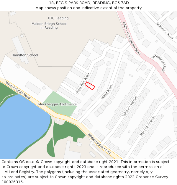 18, REGIS PARK ROAD, READING, RG6 7AD: Location map and indicative extent of plot