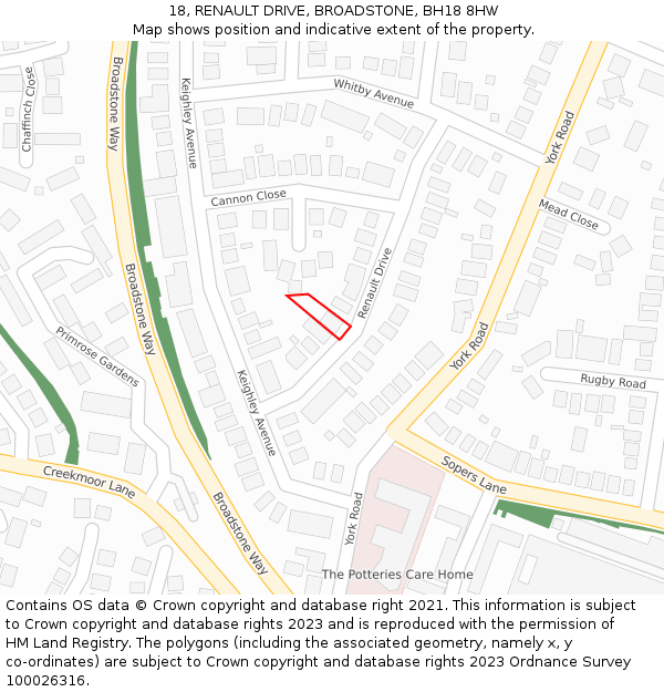 18, RENAULT DRIVE, BROADSTONE, BH18 8HW: Location map and indicative extent of plot