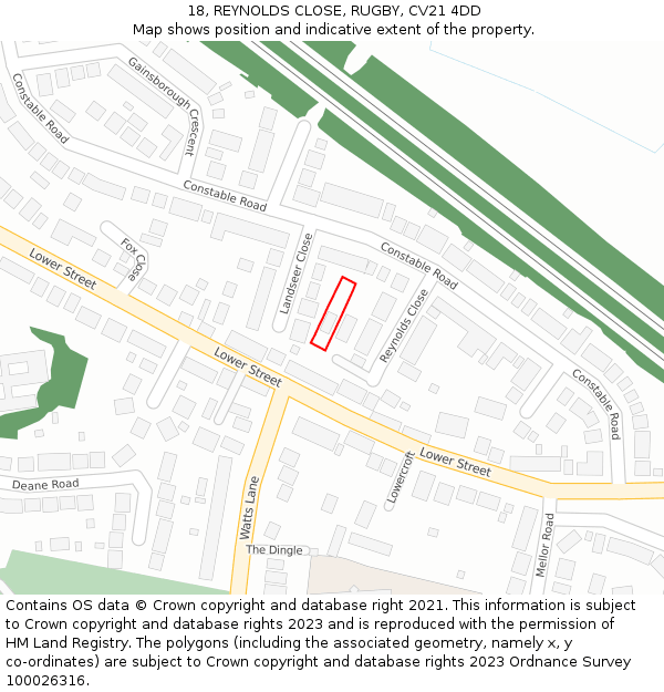 18, REYNOLDS CLOSE, RUGBY, CV21 4DD: Location map and indicative extent of plot