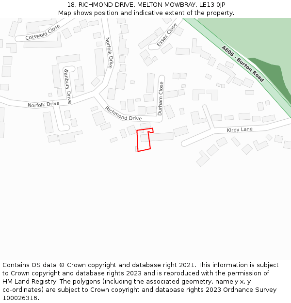 18, RICHMOND DRIVE, MELTON MOWBRAY, LE13 0JP: Location map and indicative extent of plot