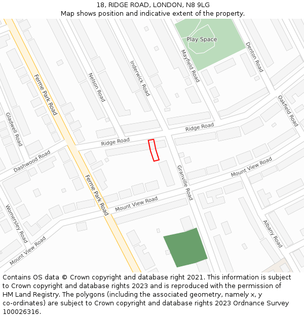 18, RIDGE ROAD, LONDON, N8 9LG: Location map and indicative extent of plot