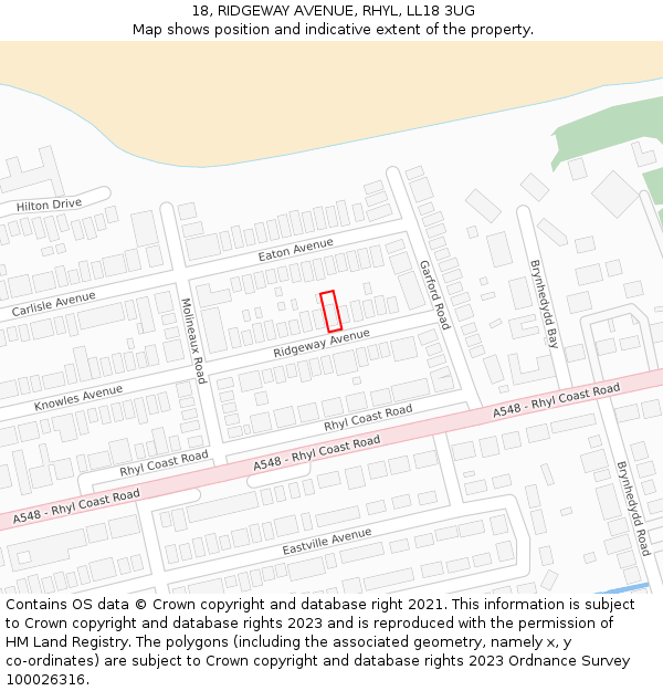 18, RIDGEWAY AVENUE, RHYL, LL18 3UG: Location map and indicative extent of plot