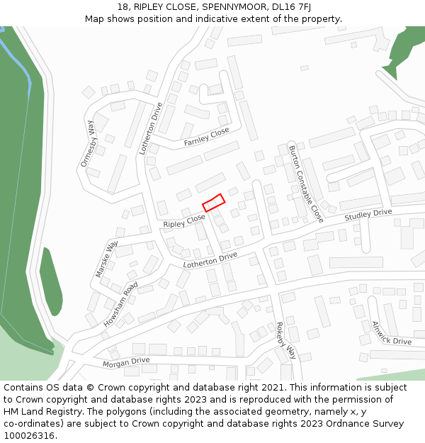 18, RIPLEY CLOSE, SPENNYMOOR, DL16 7FJ: Location map and indicative extent of plot