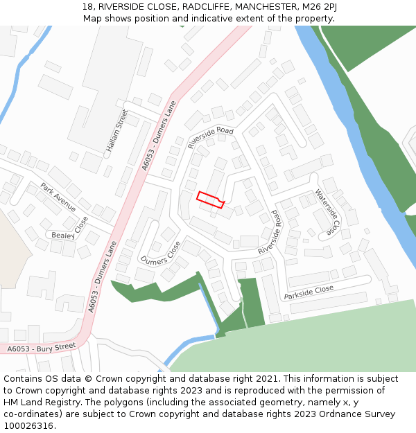 18, RIVERSIDE CLOSE, RADCLIFFE, MANCHESTER, M26 2PJ: Location map and indicative extent of plot