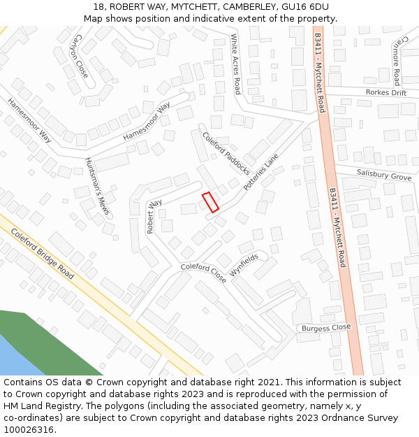 18, ROBERT WAY, MYTCHETT, CAMBERLEY, GU16 6DU: Location map and indicative extent of plot