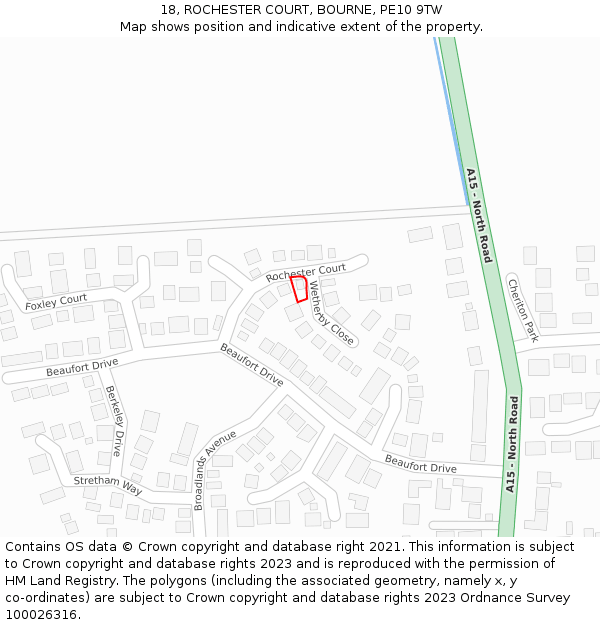 18, ROCHESTER COURT, BOURNE, PE10 9TW: Location map and indicative extent of plot