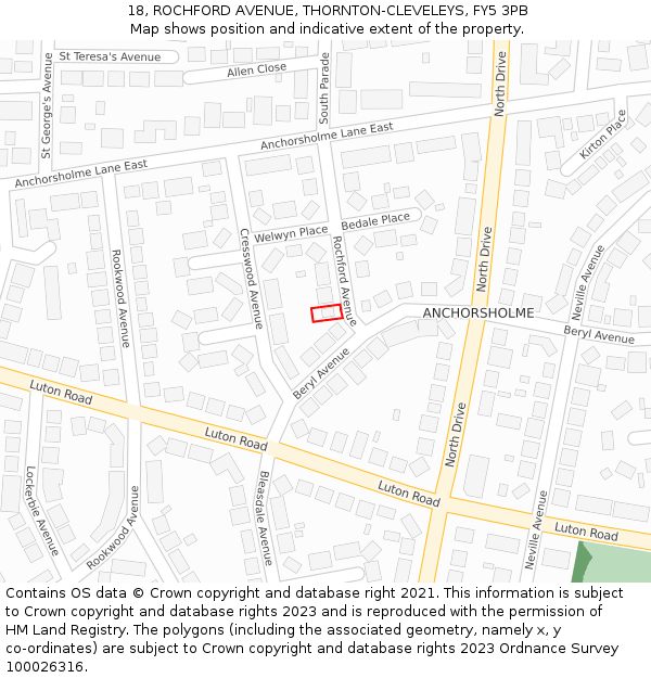 18, ROCHFORD AVENUE, THORNTON-CLEVELEYS, FY5 3PB: Location map and indicative extent of plot