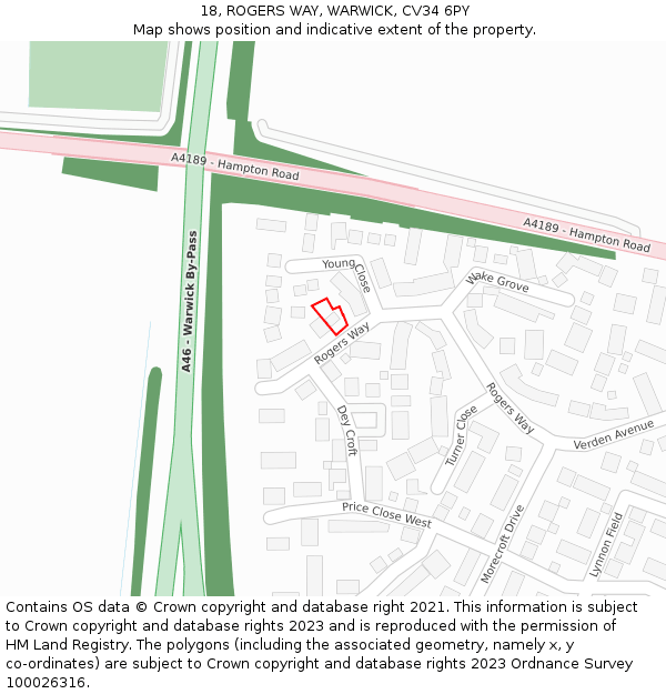 18, ROGERS WAY, WARWICK, CV34 6PY: Location map and indicative extent of plot