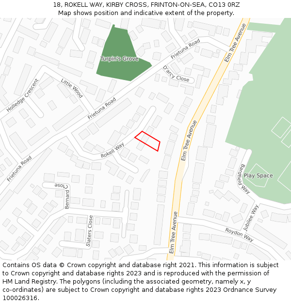 18, ROKELL WAY, KIRBY CROSS, FRINTON-ON-SEA, CO13 0RZ: Location map and indicative extent of plot