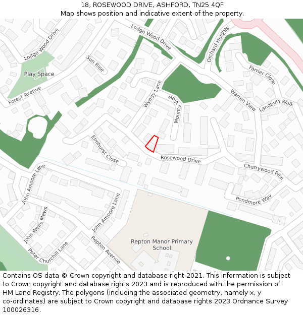 18, ROSEWOOD DRIVE, ASHFORD, TN25 4QF: Location map and indicative extent of plot