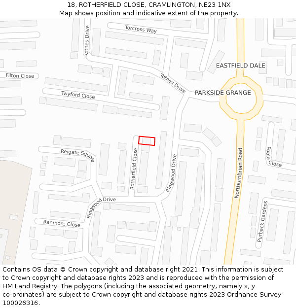 18, ROTHERFIELD CLOSE, CRAMLINGTON, NE23 1NX: Location map and indicative extent of plot